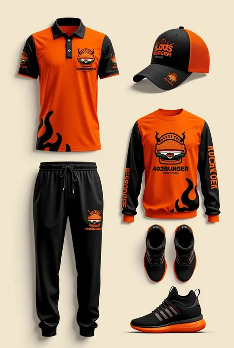 Design a complete uniform for a burger restaurant with the 402burger logo in orange and black colors with a polo shirt and jogger pants that are creative and disruptive with creative designs and flames on the sweatshirt and t-shirt and take the prints asid...