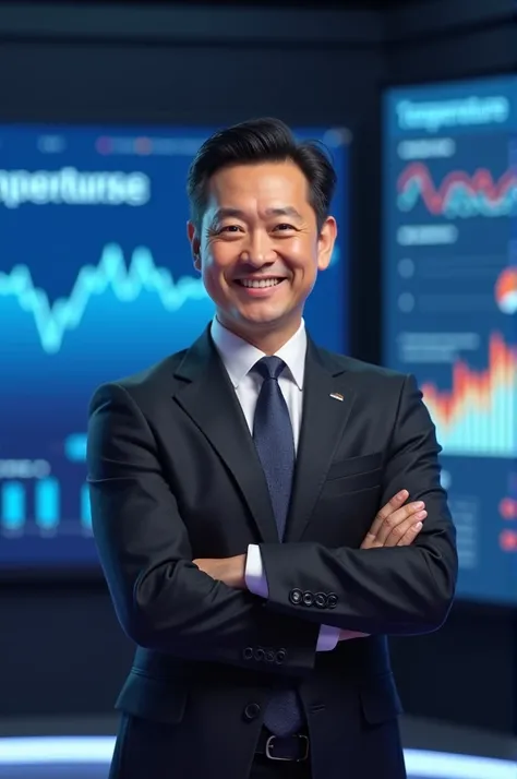 A smiling news anchor, de terno e gravata, in front of a screen showing graphs of rising temperatures 