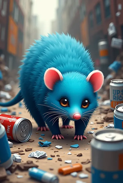 Blue opossum surrounded by cans, glass, cardboard and garbage, walking in a university 