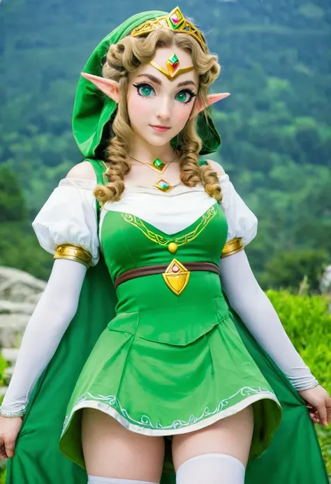 Describe a 20-year- woman, 1.80 tall, green eyes, curly hair, big breasts, big ass, princess Zelda.