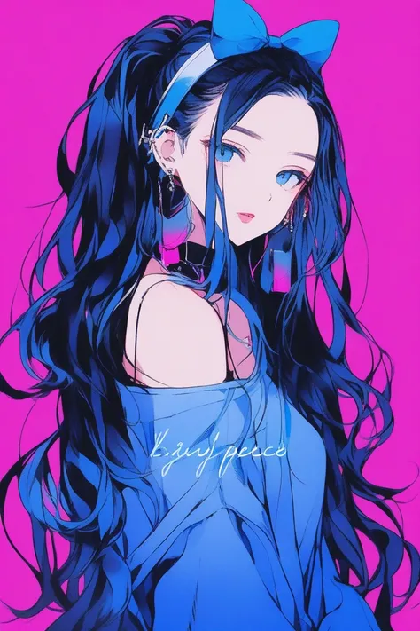 ((masterpiece,Highest quality)), 8k, anime , Realistic ,sketch, anime風のポートレート, 黒猫を連れたanimeの女性, 20-year-old, Blue gradient background, Off-the-shoulder knit, Neon long twin tail hair, lip, Big earrings, Wear headphones, Texture Trim, Canadian, Upper Body, (...