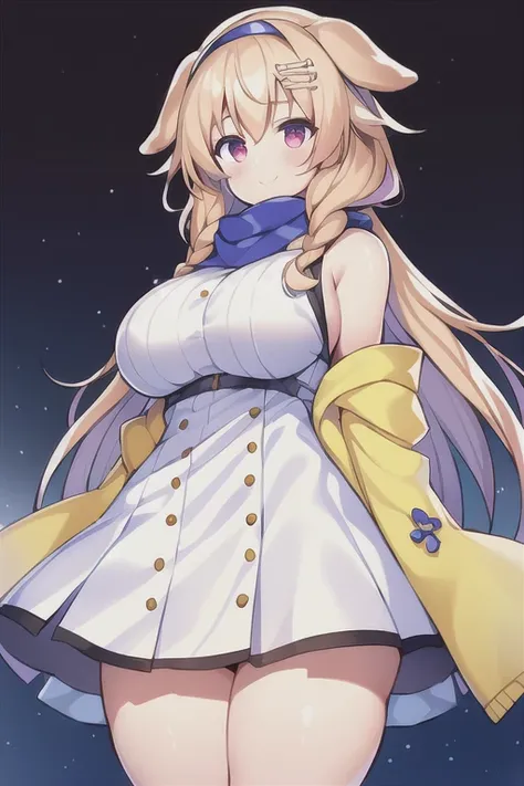 1girl, Korone, smile, dog ears, twin braids, sidelocks, hair ornament, ((white dress)), yellow jacket, dress, jacket, open clothes, open jacket, short dress, sleeveless dress, huge breasts, wide hips, thick thighs, tall, tall female, mature female, bandana...