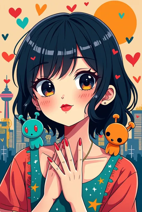 Mai Yoneyama colorful style, Simple Line Initialism，Abstract art，Urban Background, (((The most beautiful girl of all time))), Sweet face. Lips in love, colorful hearts, stylish design, (((黒い瞳))), playing with cute Aliens