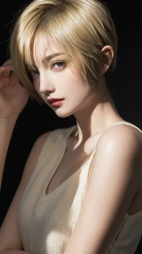 (masterpiece),(One woman),(Very short hair:1.6),(blonde:1.3),Dark Background,