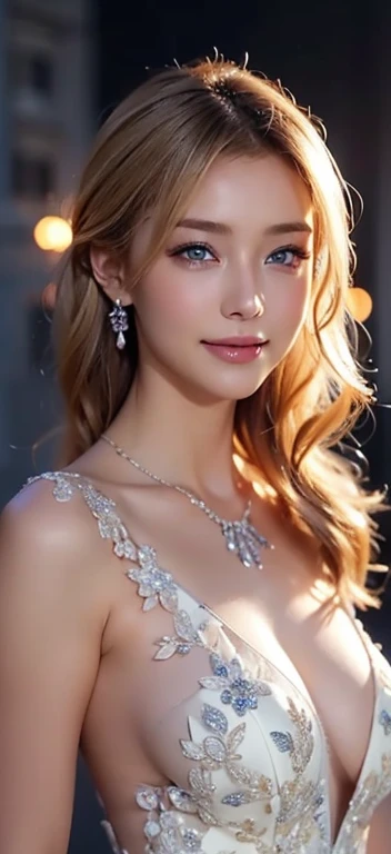 bride、wedding、Luxurious floral dresses、Lightly Dressed、necklace、Formal Wear、night景、illumination、blue eyes、blonde、short hair、Hair tied up、Full body photo、Sexy Face、short hair、 A look of complete lust、(((masterpiece)))、((Highest quality))、((超Realistic))、Matu...