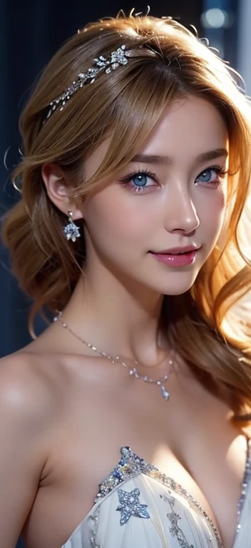 bride、wedding、Luxurious floral dresses、Lightly Dressed、necklace、Formal Wear、night景、illumination、blue eyes、blonde、short hair、Hair tied up、Full body photo、Sexy Face、short hair、 A look of complete lust、(((masterpiece)))、((Highest quality))、((超Realistic))、Matu...