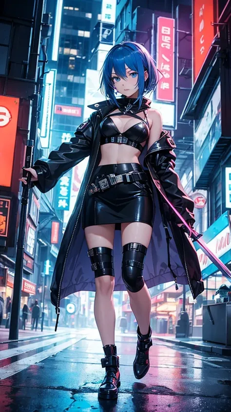 an anime, a sensual blue-haired girl, blue eyes, dressed as a cyberpunk mercenary, urban style, she wields a sword in one hand and a pistol in the other, in the background a futuristic city dazzles with its neon lights.