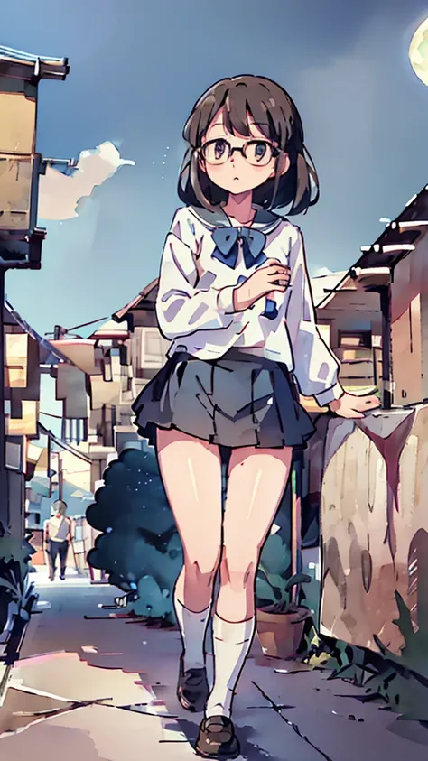 Seaside、Sanctuary、Dazzling Light、Many towers in the distance、Big Moon、metropolis、Tall buildings、Looking up at the stars、water、Midnight、Moon、Blue light、sky、sea、Nsfw、masterpiece, high quality, 4K, HDR,, Stable Diffusion prompt:  schoolgirl with short、brown h...