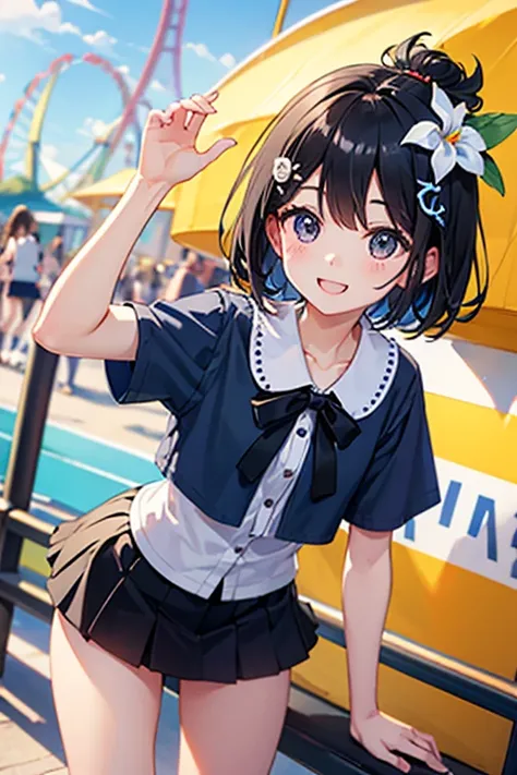 Highest quality、Black Hair、Iris、short hair、、cute、、、Small hair ornament、1 person、amusement park、Date、mini skirt、A happy look、fine、Panty shot