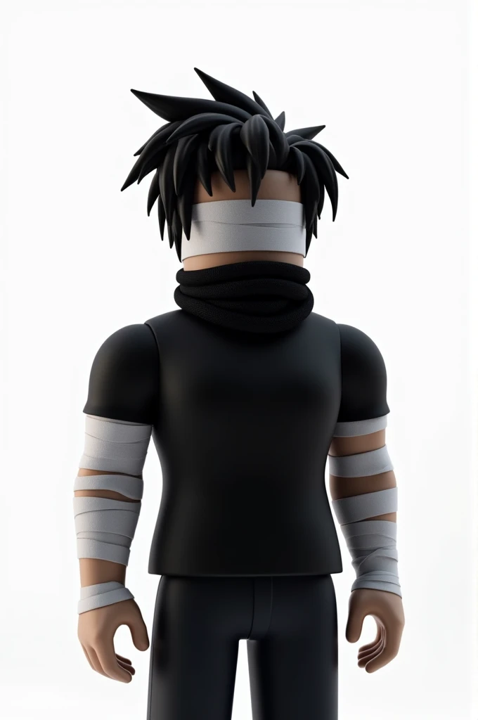 White background, male Roblox avatar, Messy and straight black hair, white bandages on his face covering his eyes, black scarf covering his mouth, simple black shirt, bandages covering both arms