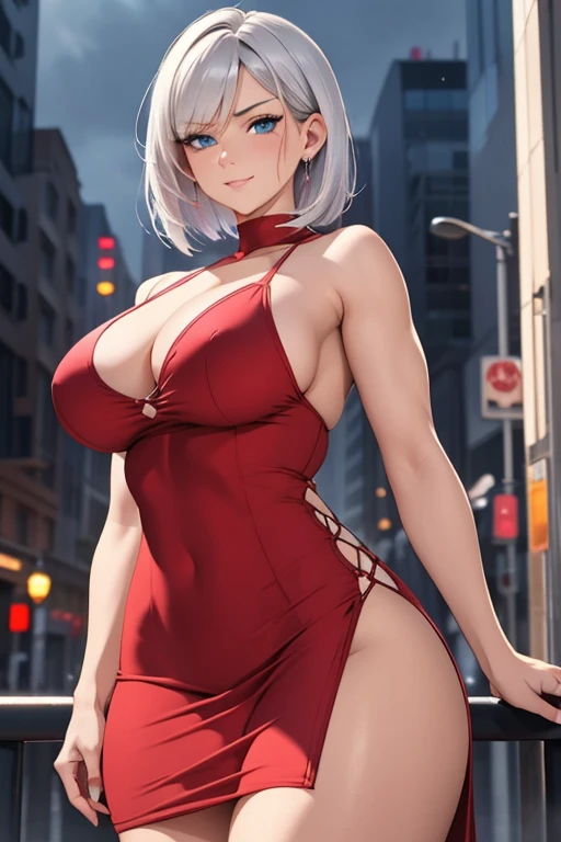 A woman with silvery short hair and blue eyes, ((She is wearing a tight red dress)), Cheeky Smile, Condescending look, Gazing at the viewer, Highly detailed and realistic, masterpiece quality, Very detailed, High resolution, Vibrant colors, Physically Base...