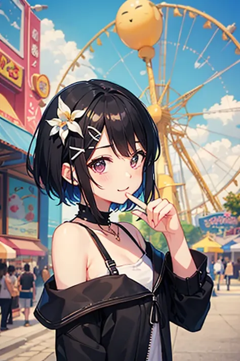 Highest quality、Black Hair、Iris、short hair、、cute、、、Small hair ornament、1 person、amusement park、Date、one piece、A happy look、fine、bright