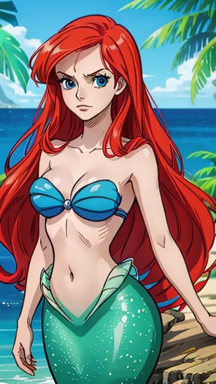 (1girl, ArielWaifu), (extremely detailed CG unit 8k wallpaper),(master part), (best quality), (ultra detail), (best illustration),(One Piece Style), cowboy shot, (Sharp eyeliner, ombre, detailed eyes:1), exotic tropical beach background, break , upper body...