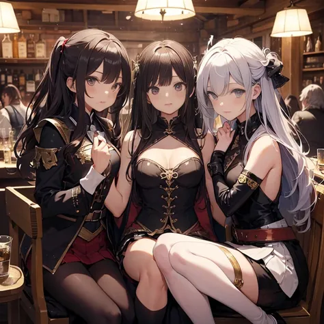 A group of  female medieval fantasy adventurers, (in tavern), various hair styles, harem, night, details face, short skirt, seducing, sleeveless, armor, multiple girls, witch, priestess