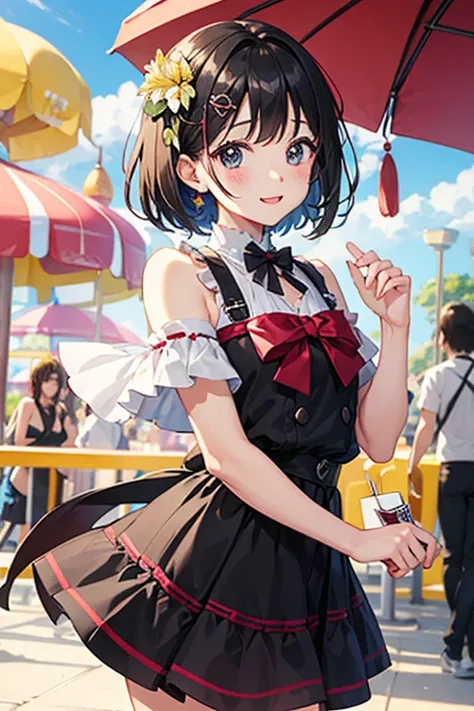 Highest quality、Black Hair、Iris、short hair、、cute、、、Small hair ornament、1 person、amusement park、Date、one piece、A happy look、fine、bright