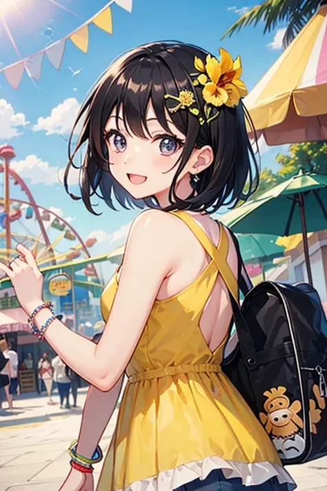 Highest quality、Black Hair、Iris、short hair、、cute、、、Small hair ornament、1 person、amusement park、Date、one piece、A happy look、fine、bright