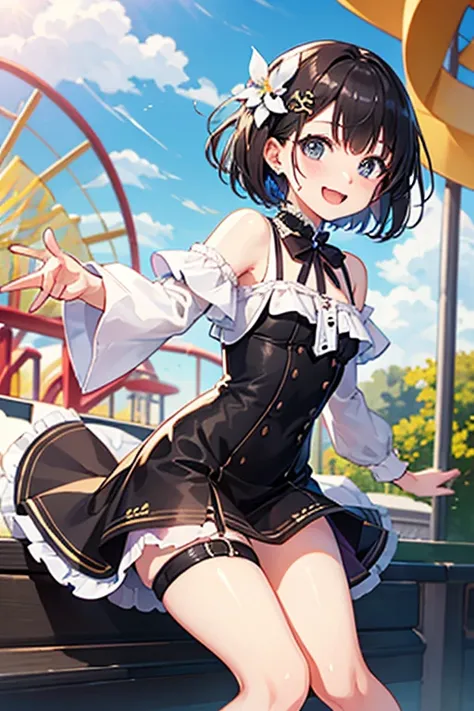 Highest quality、Black Hair、Iris、short hair、、cute、、、Small hair ornament、1 person、amusement park、Date、Mini skirt dress、A fun atmosphere、fine、Bright expression、Panty shot