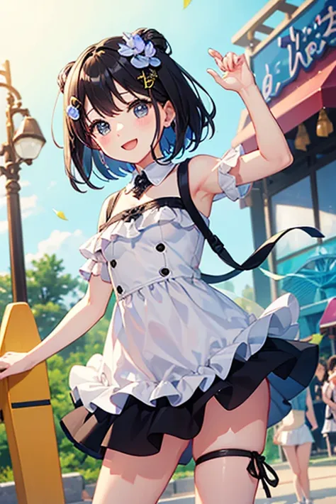 Highest quality、Black Hair、Iris、short hair、、cute、、、Small hair ornament、1 person、amusement park、Date、Mini skirt dress、A fun atmosphere、fine、Bright expression、Panty shot