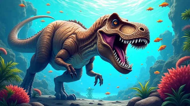 Create a dinosaur image for YouTube that says AQUA GAMES with a size of 2048 X 576.