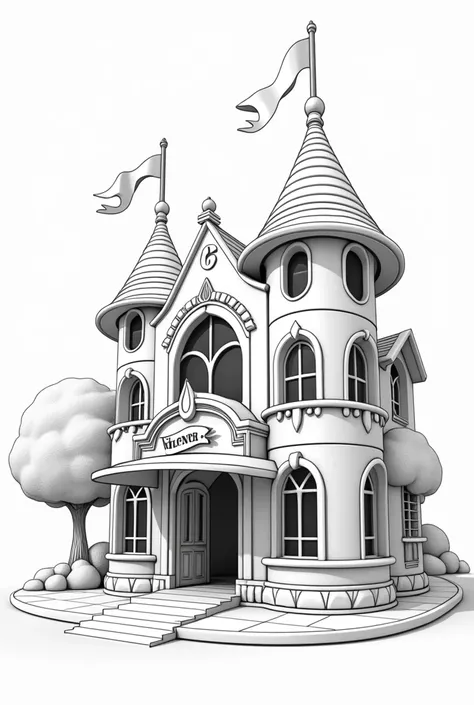 Black and white 3D drawing of a theater for children to color