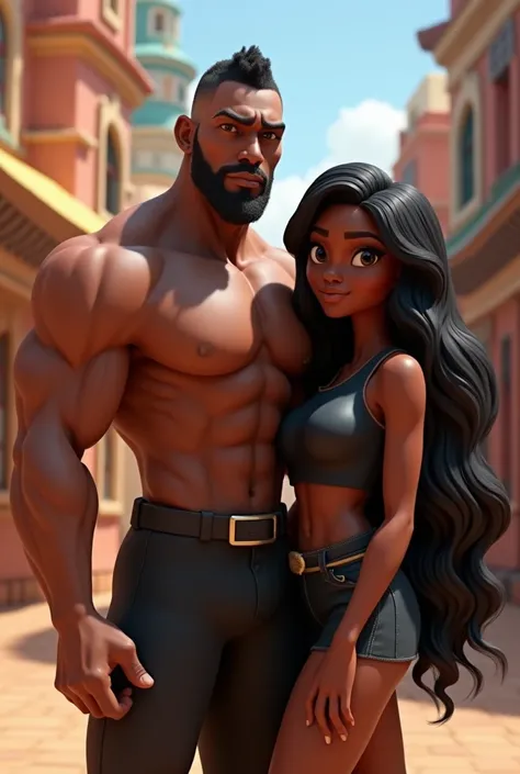 3D Pixar image of a strong man, dark brunette, shaven hair, shaved beard, long nose; with a strong black woman with long straight hair