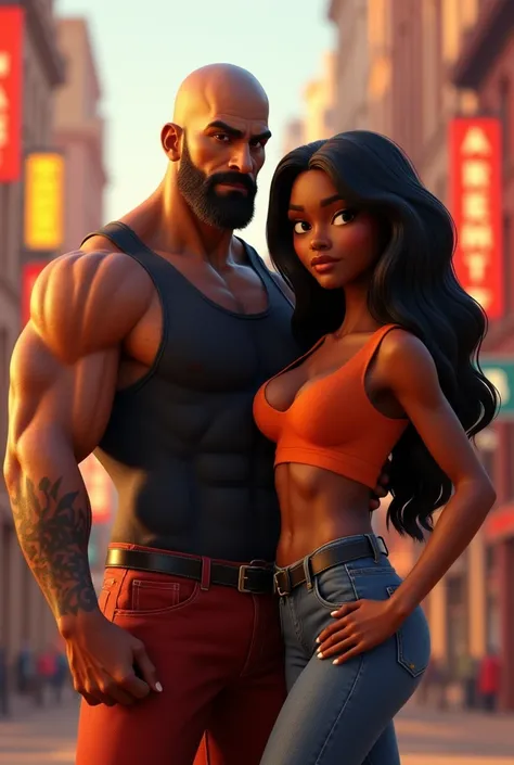 3D Pixar image of a strong man, dark brunette, shaven hair, shaved beard, long nose; with a strong black woman with long straight hair