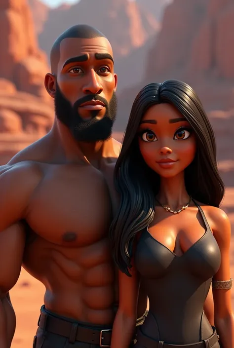 3D Pixar image of a strong man, dark brunette, shaven hair, shaved beard, long nose; with a strong black woman with long straight hair