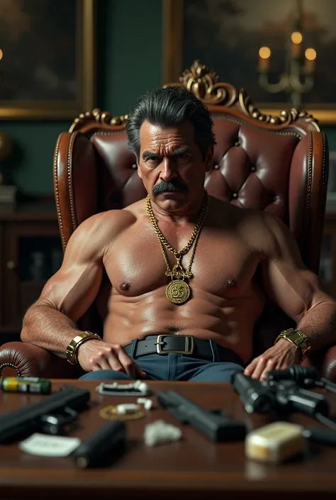 Generate a 3D image of Pablo Escobar with weapons surrounding him, drugs on his desk, and him sitting in an armchair looking forward with his hands crossed on the desk, and a gold chain with Cipher written in the middle of the chain.