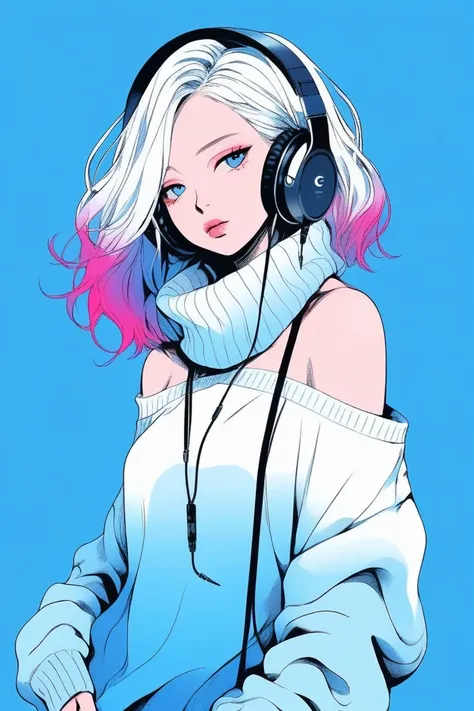 Illustrator, anime , Realistic ,sketch , 1 person, ,lip, Off-the-shoulder sweater, (((whole body))), order, Blue gradient background, Neon Medium Hair,Headphones hanging around the neck, Texture Trim, Canadian, (masterpiece,Highest quality) cancer