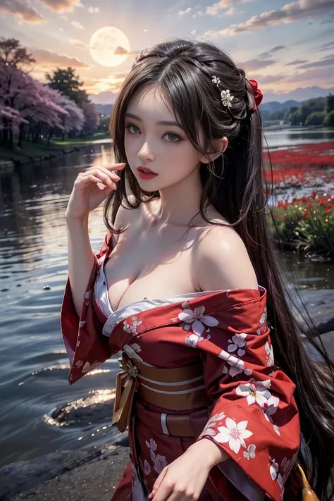 score_9, score_8_up, score_7_up, score_6_up, score_5_up, score_4_up,  ultra detailed, 1girl, red kimono, off shoulder, solo, black hair, mid parted hair, long hair, heart, curvy, solo, sultry look, romantic sunset, surrounded by red flowers in a flower mea...