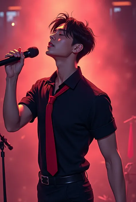 The atmosphere is like a shoujo manga.、Hold the microphone、A slender, muscular man singing passionately with his eyes closed.、Diagonal view、He is wearing a black short-sleeved shirt and a red tie