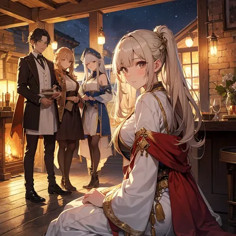 A group of  priestess, (in tavern), various hair styles, harem, night, details face, seducing, ceremonial outfit, multiple girls