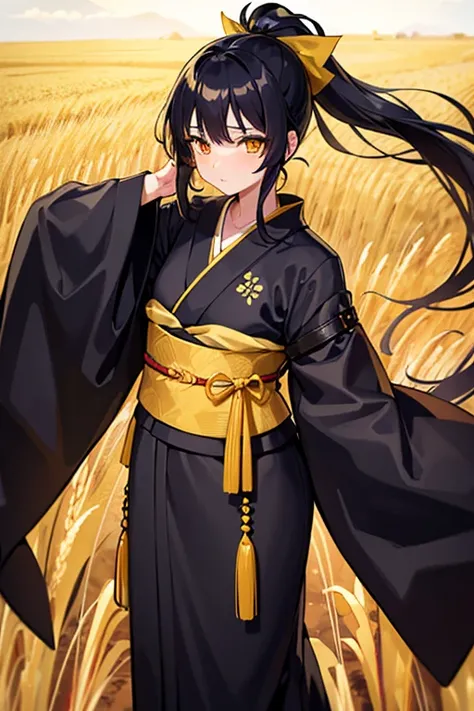 A girl in a kimono with an empty expression stands waist-deep in a wheat field, a black kimono with gold edges, Her hair is tied up in a ponytail, colored hair, yellow  eyes, looking ahead at viewer 