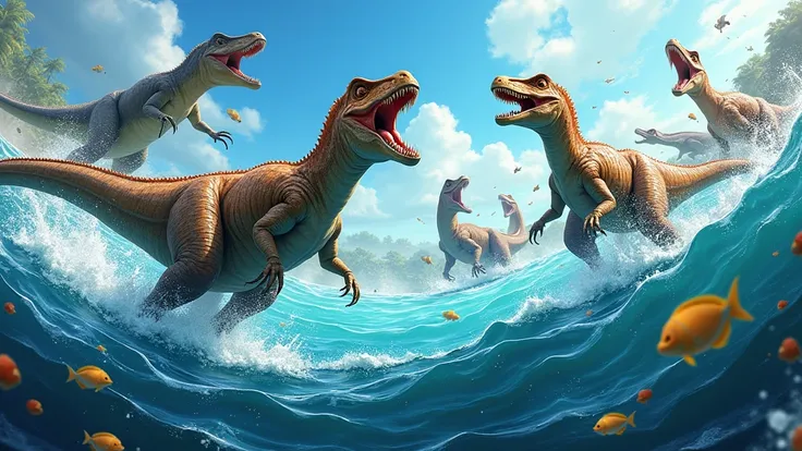 Create a dinosaur image for YouTube that says AQUA GAMES with a size of 2048 X 576.