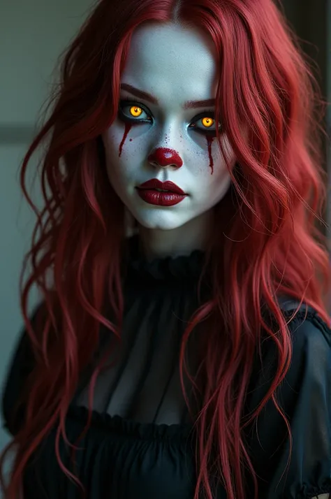 Pennywise version woman with white skin, long, wavy hair in red and black, black and red clothing, and yellow eyes. 