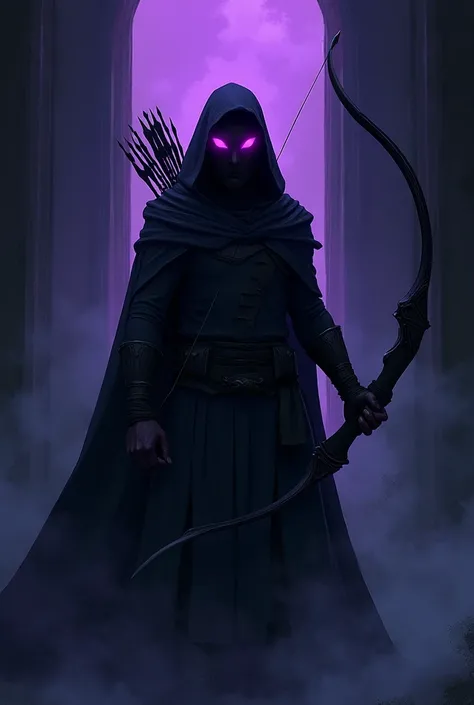 make an image of an archer shrouded in shadows, keep the face hidden but the glow of the eyes should be a purple color. as for the art style, it should be manwha style.