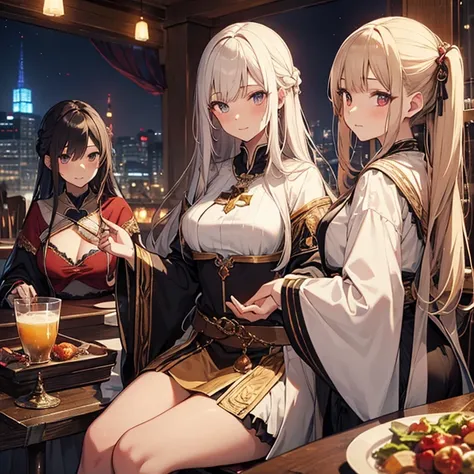 A group of  priestess, (in tavern), various hair styles, harem, night, details face, seducing, ceremonial outfit, multiple girls