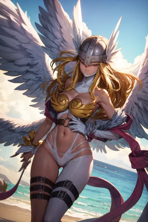 cuerpo completo, angewomon, long hair, breasts, blonde hair, large breasts, huge breasts, ribbon, navel, cleavage, bare shoulder...