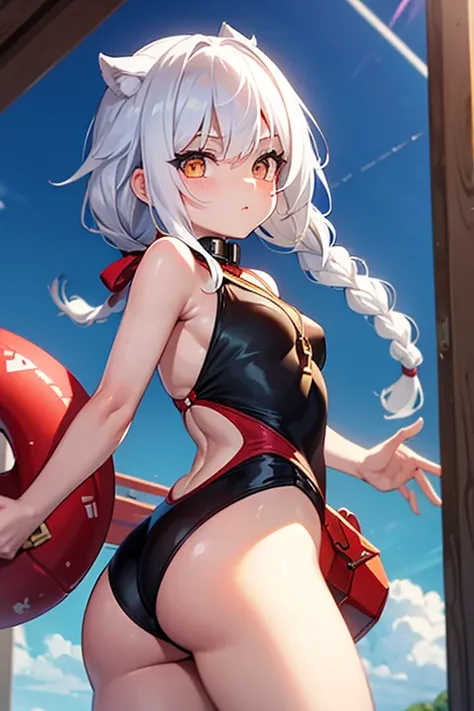 best qualityer, work of art, Kizi, White hair, gold eyes, red and black swimsuit,  trunk,lock of hair,skin fair,Side braids, looking ahead at viewer 