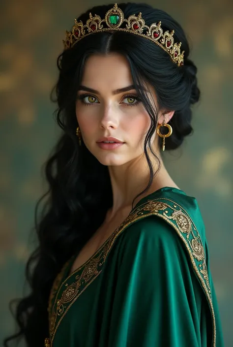 A beautiful tall woman , with big eyes , her hair will be styled in a medieval fashion, dark green with queenly green clothes and an emerald crown