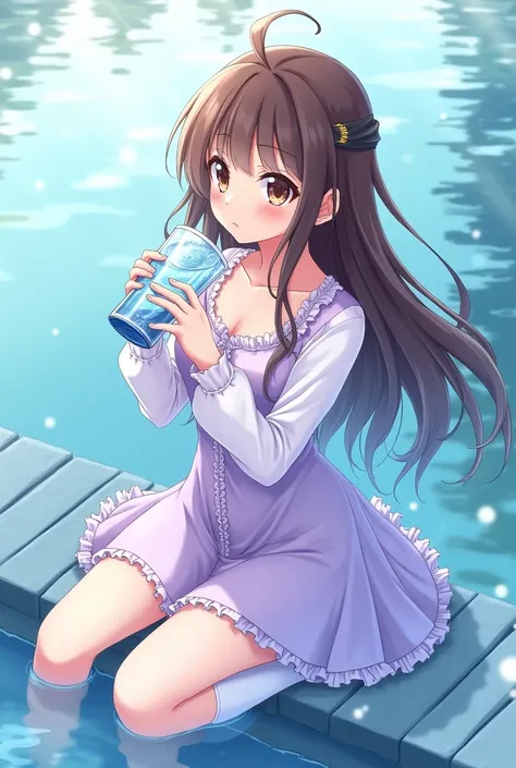 Anime girl with brown hair wearing light purple dress with white long sleeves long socks drinking water with water background