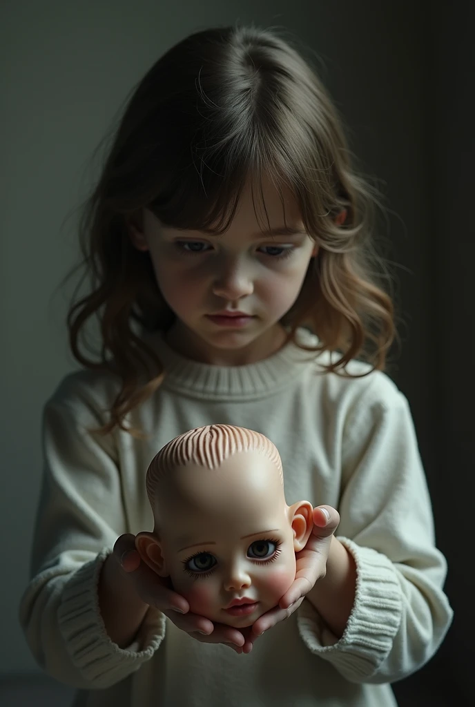 5-year-old girl holding a dolls head in her hand