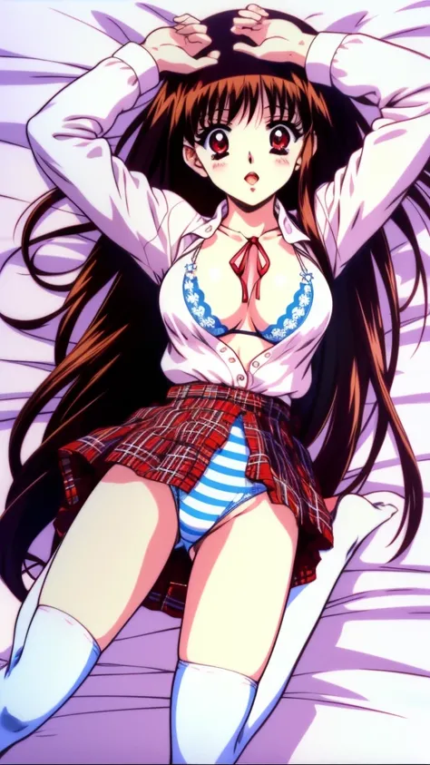 Yuuki Mizuho, One person, alone, Long Hair, hair band, Brown Hair, Red eyes, Plaid, Striped, ribbon, Open your mouth, Plaid スカート, blush, Lips parted, liar, On the bed, Lie down with your arms up, From above, retro artstyle, Long sleeve, White shirt, white ...