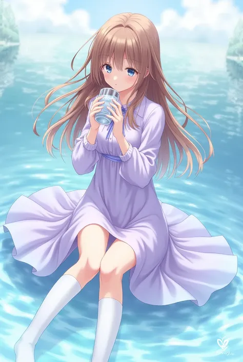 Anime girl with brown hair wearing light purple dress with white long sleeves long socks drinking water with water background