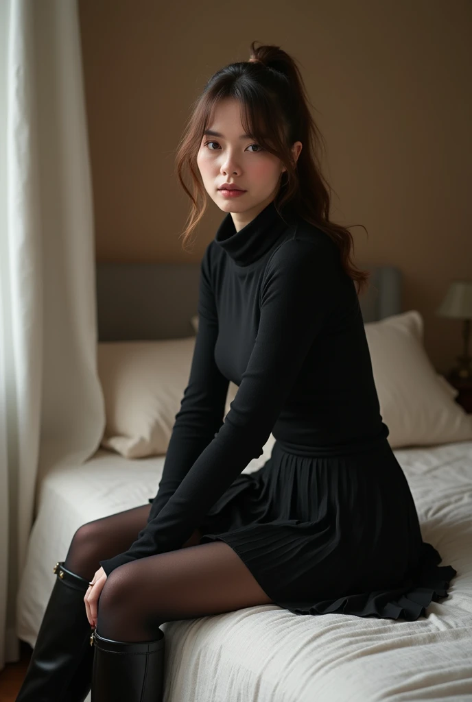 dark brown hair color、hair pulled back、ponytail、cute face、 she wears a turtleneck and a skirt.、black pantyhose、sitting on bededge、wearing black boots、adult german woman、full body portrait、indoor.、