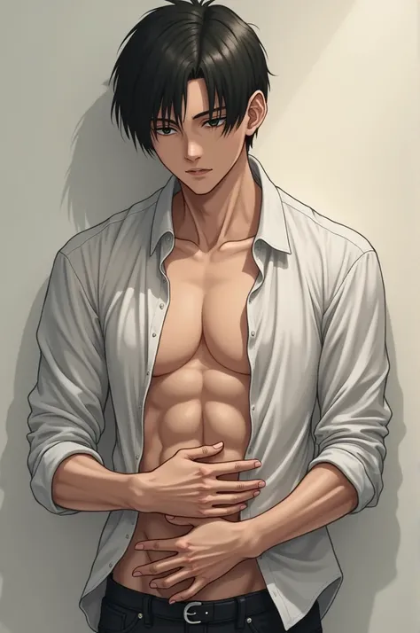 Levi Ackerman (Attack on Titan) caressing his belly with both hands, wearing only a white shirt