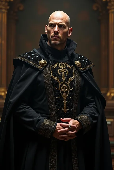 A king with Latin ancestry, hairless , hairless, with black king&#39;s clothing, with black jewels and molten gold