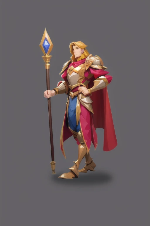 conceptual artwork, European and American cartoons, game character design, fundo cinza, armors, 1 , standing alone, male focus, cape, blond, standing, whole body, purple cloak, shoulder armors, cuirass, simple background, armorsed booties, booties, looking...