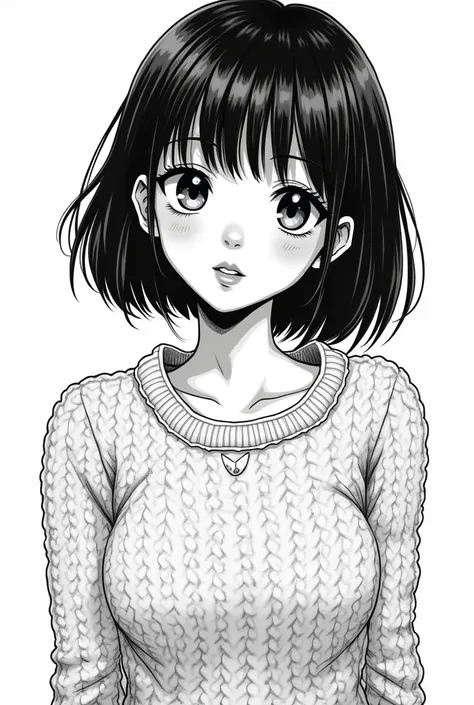 Black and white manga illustration of a girl with curtain bangs wearing a knitted sweater and glossy lips