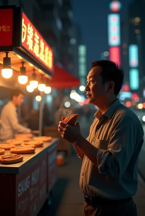 A Chinese man eating a hot dog from a street vendor at midnight. 